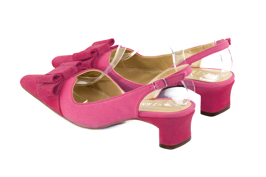 Women's fuchsia pink and hot pink elegant slingback heels, with a bow on the front. Tapered toe. Low kitten heels - Rear view